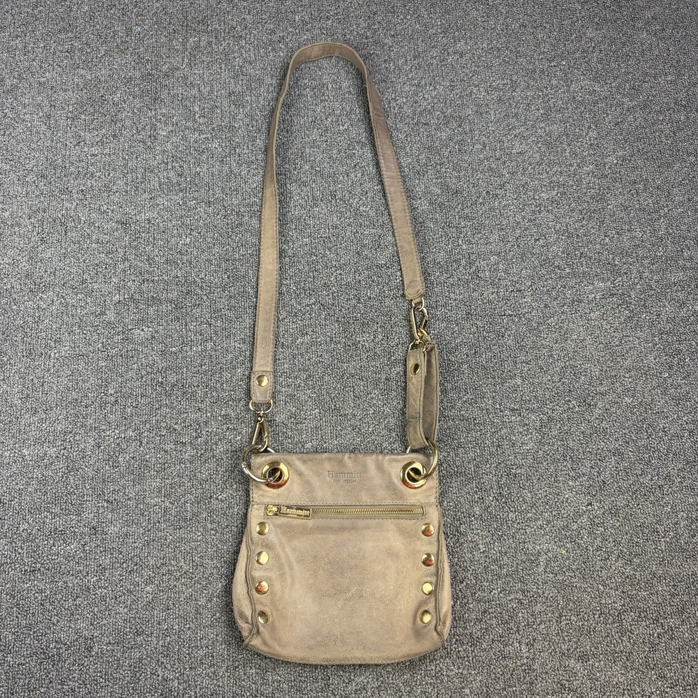 Hammitt Los Angeles Tony Pewter Leather Gold Stud Red Lining Zip Crossbody‎ Bag